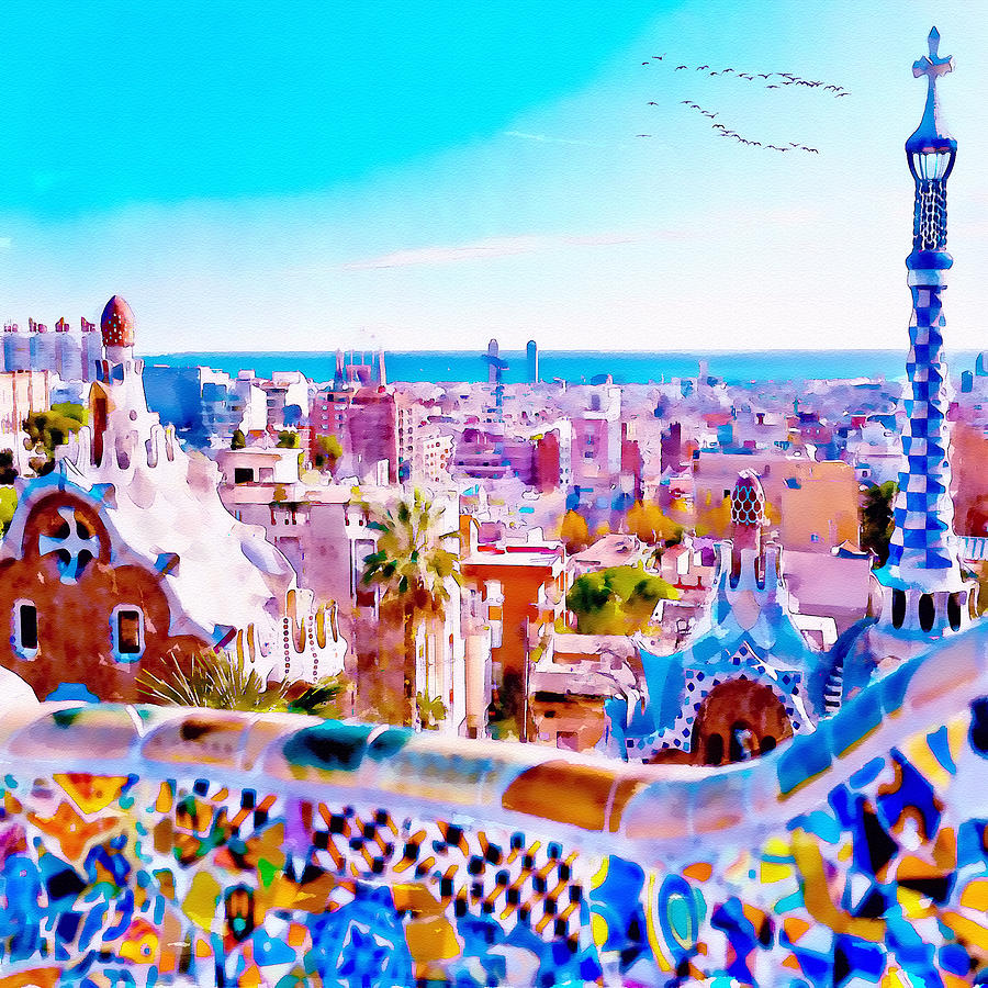 900x900 Park Guell Watercolor Painting Painting By Marian Voicu - Park Watercolor