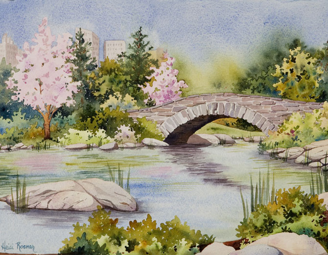 670x521 The Pond, Central Park New York City Watercolor Cityscape - Park Watercolor