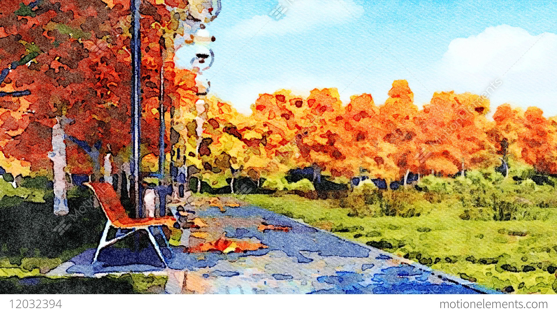 1920x1080 Autumn Watercolor Landscape With Empty Park Alley Stock Animation - Park Watercolor