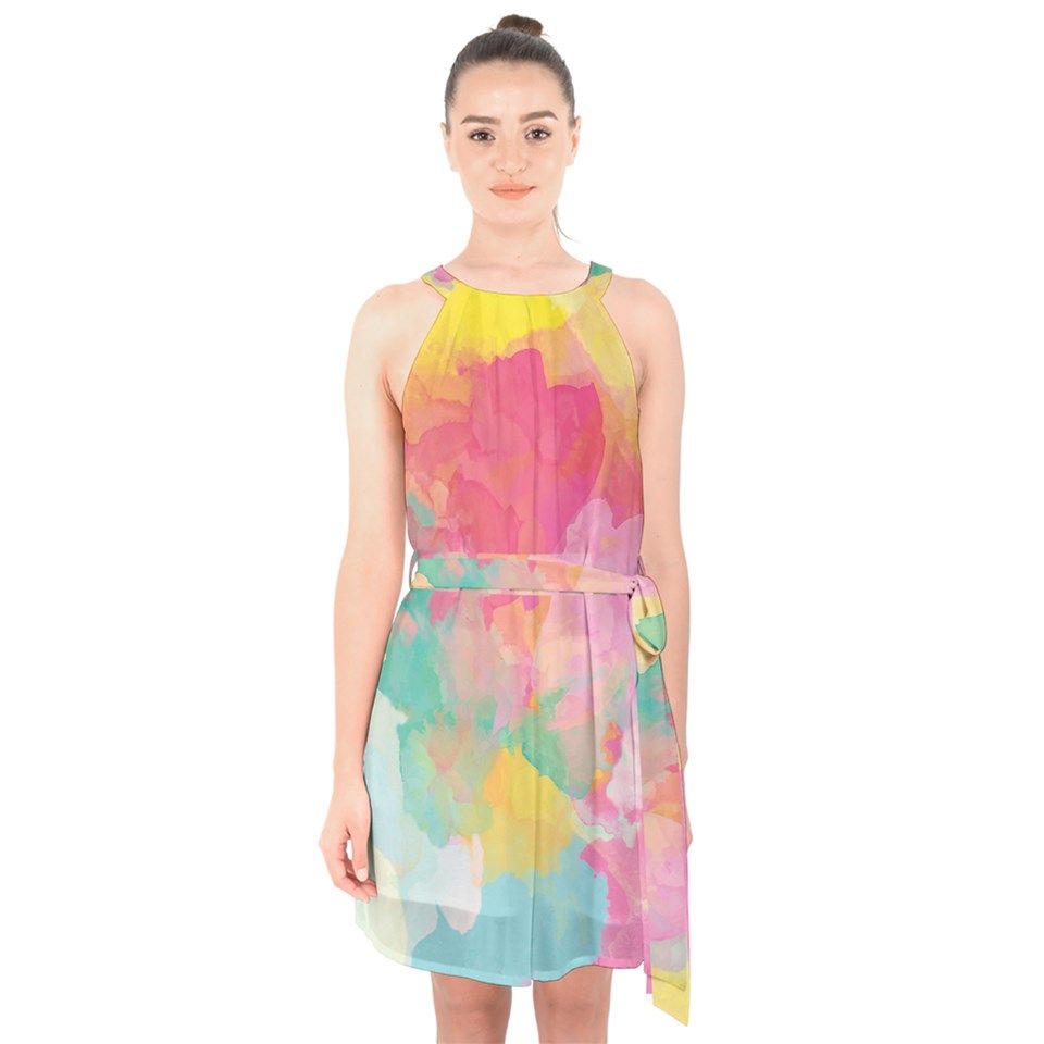 960x960 Pastel Watercolors Canvas Halter Collar Waist Tie Chiffon Dress - Pastel Watercolor Dress
