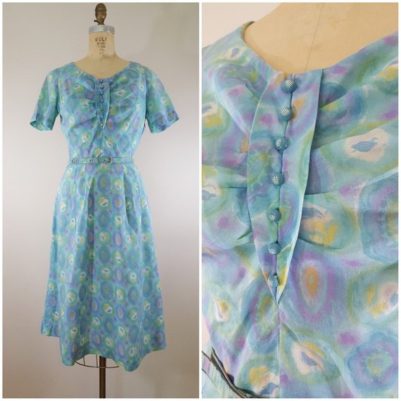 570x570 Vintage 1950s Dress Pastel Watercolor Day Dress Medium - Pastel Watercolor Dress