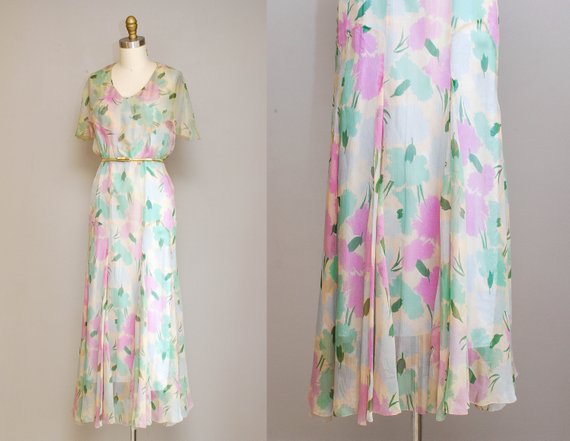 570x441 Vintage 30s Floral Chiffon Dress 1930s Pastel Watercolor Etsy - Pastel Watercolor Dress