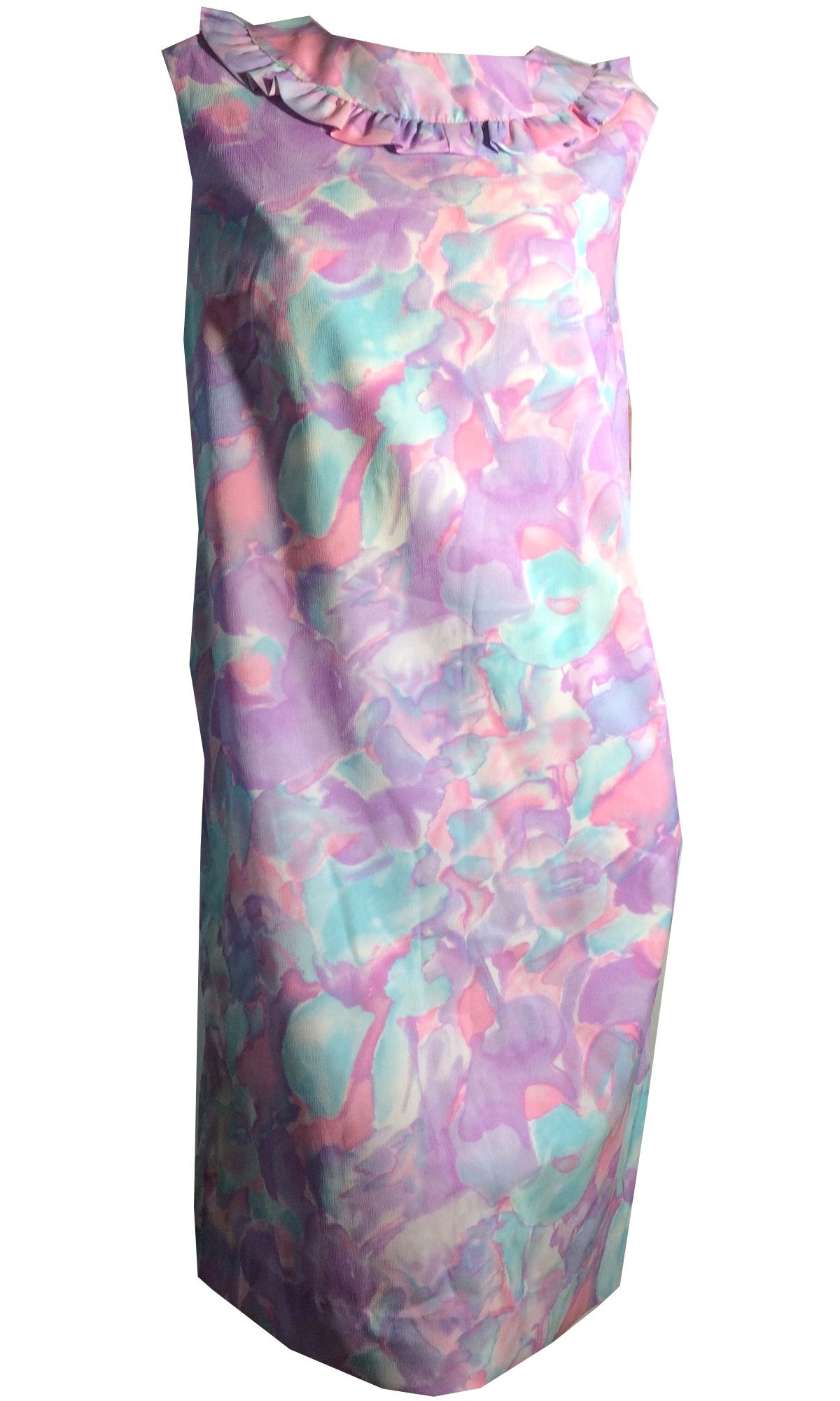 1200x2000 Watercolor Print Pastel Ruffled Shift Dress Circa 1960s - Pastel Watercolor Dress