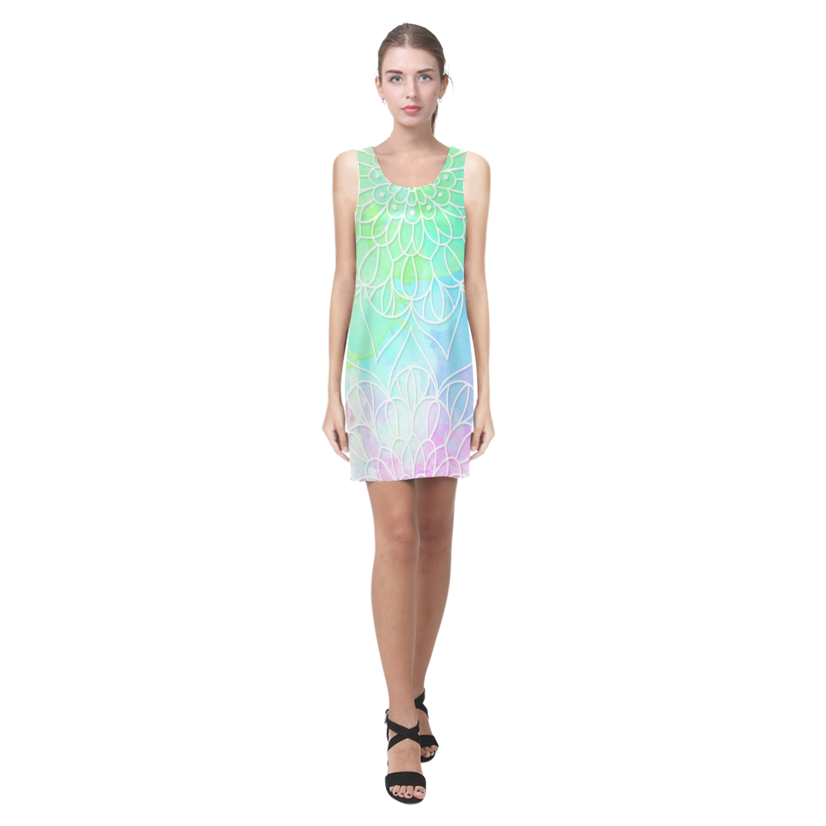 1200x1200 Beautiful Pastel Watercolor Mandala Helen Sleeveless Dress (Model - Pastel Watercolor Dress