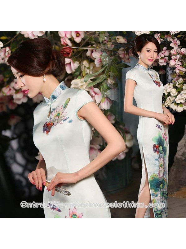 600x800 Chinese Watercolor Lotus Flower Pastel Silk Long Qipao Dress - Pastel Watercolor Dress