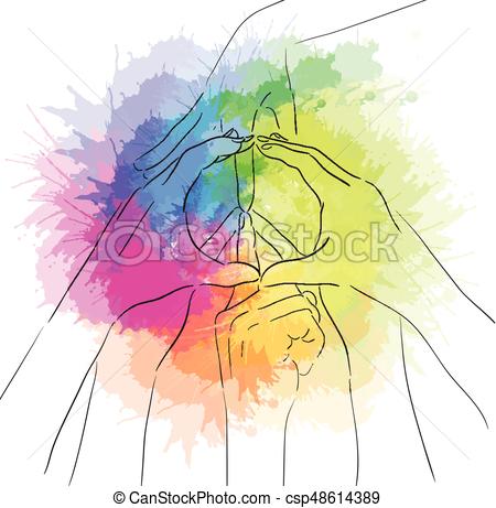 450x461 Contour Illustration Of Human Hands And Sign Of Peace With Rainbow - Peace Watercolor