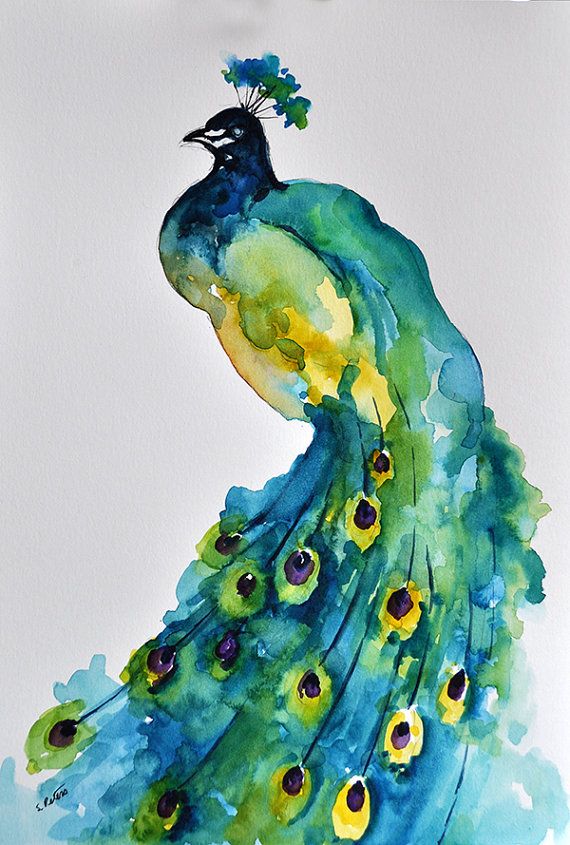 570x845 Original Watercolor Painting, Colorful Peacock, Aqua Green Yellow - Peacock Watercolor