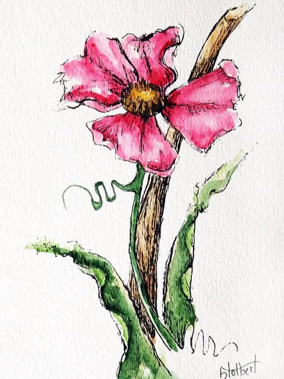 570x760 Rose Flower Original Watercolor Art Painting Pen And Ink - Pen And Ink And Watercolor Illustrations