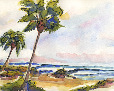 400x320 Ocean Palms Modern Contemporary Seascape Pen And Ink Watercolor - Pen And Ink Drawings With Watercolor