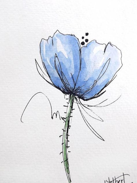 474x632 Poppy Flower Blue Original Watercolor Art Painting Pen And Ink - Pen And Ink Watercolor Flowers