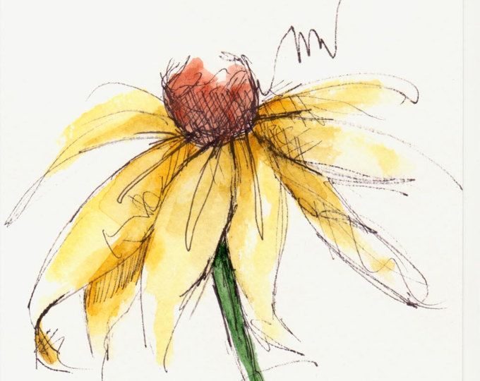 680x540 Yellow Cone Flower Brown Center Original Watercolor Art Painting - Pen And Ink Watercolor Flowers