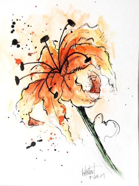 570x760 Lily Flower Original Watercolor Art Painting Pen And Ink - Pen And Ink Watercolor Paintings