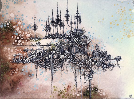 570x423 Fantasy Illustration Watercolor Pen And Ink Bird Skull Etsy - Pen And Watercolor Illustration