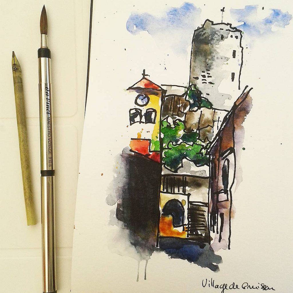 1024x1024 Gruissa Village. Bamboo Pen, Ink And Watercolor. - Pen Ink Watercolor Sketching