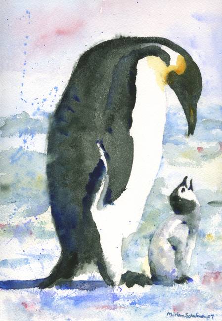 449x650 Penguin Parent, Watercolor Painting Of Baby Bird I By Miriam Schulman - Penguin Watercolor