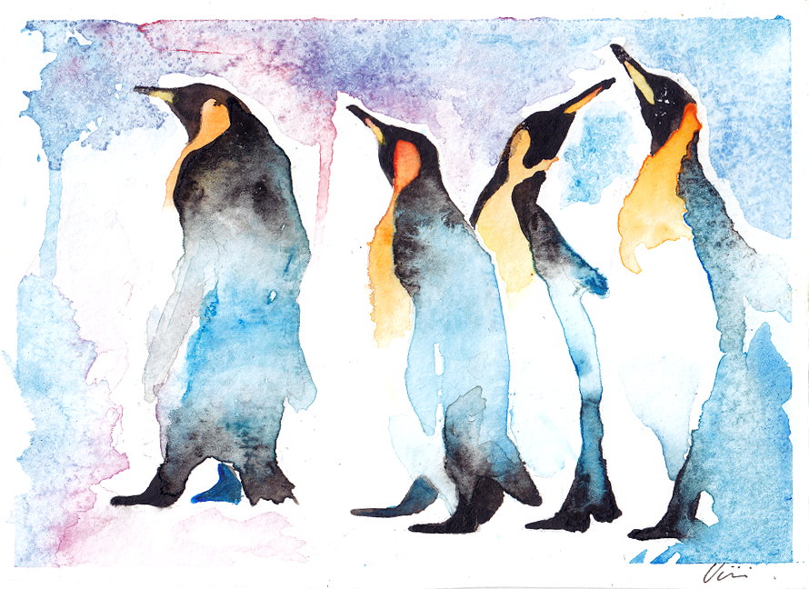 890x648 Watercolor Penguins By Banaanimuffinssi - Penguin Watercolor