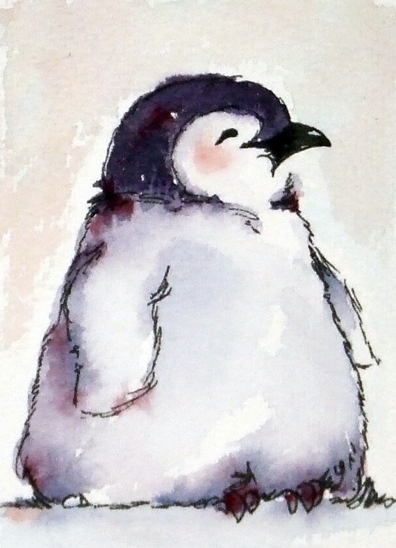 570x788 Baby Emperor Penguin Watercolor Painting - Penguin Watercolor