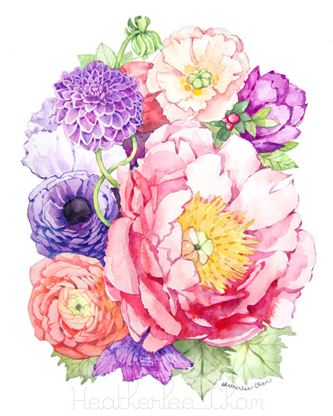 480x600 Watercolor Peony And Flowers Print Of Painting By Ladypoppins - Peony Flower Watercolor