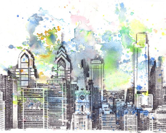 570x459 Philadelphia Skyline Art Print Watercolor Painting Philadephia Etsy - Philadelphia Skyline Watercolor