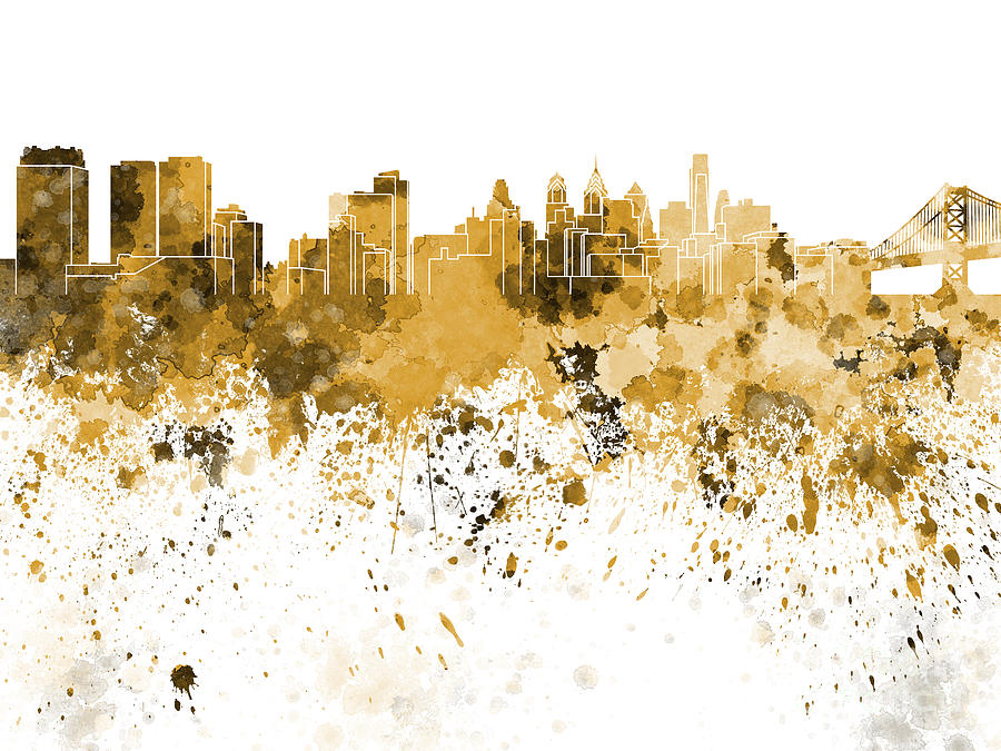 900x675 Philadelphia Skyline In Orange Watercolor On White Background - Philadelphia Skyline Watercolor