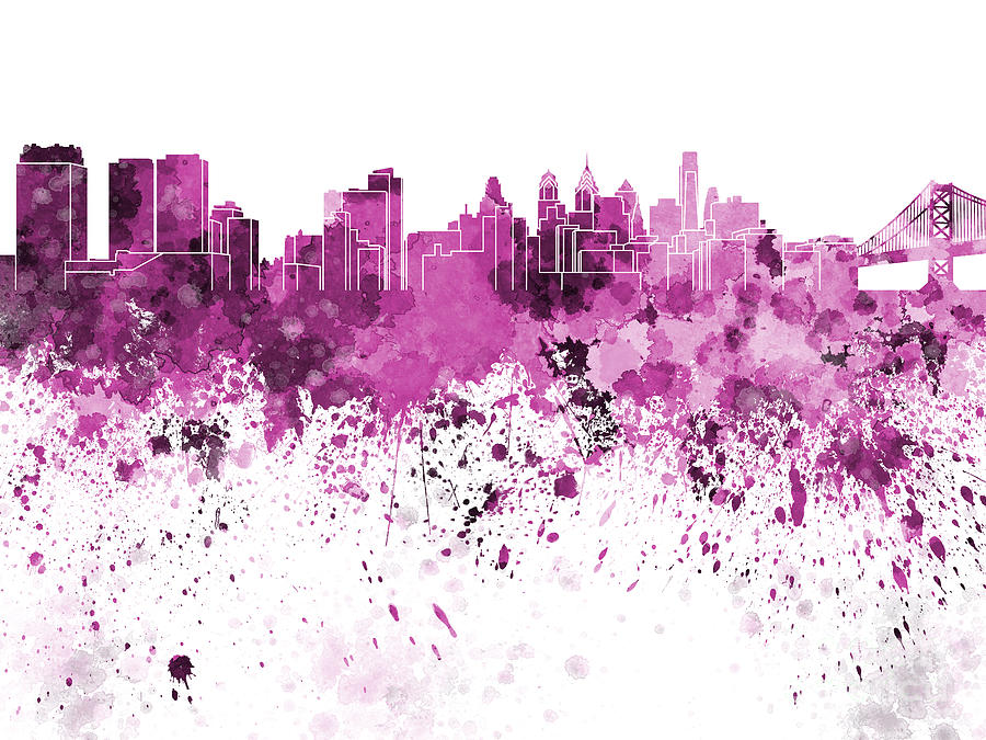 900x675 Philadelphia Skyline In Pink Watercolor On White Background - Philadelphia Skyline Watercolor