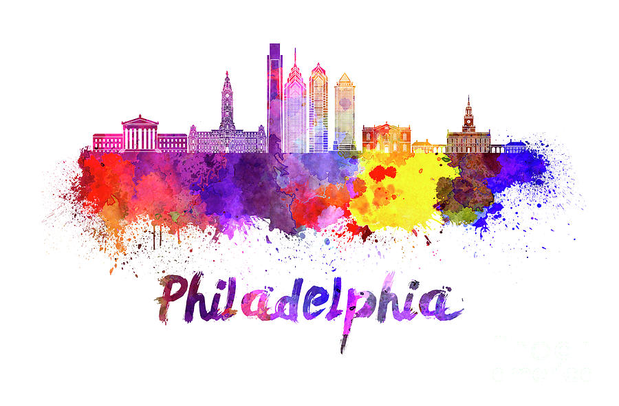900x590 Philadelphia Skyline In Watercolor Painting By Pablo Romero - Philadelphia Skyline Watercolor