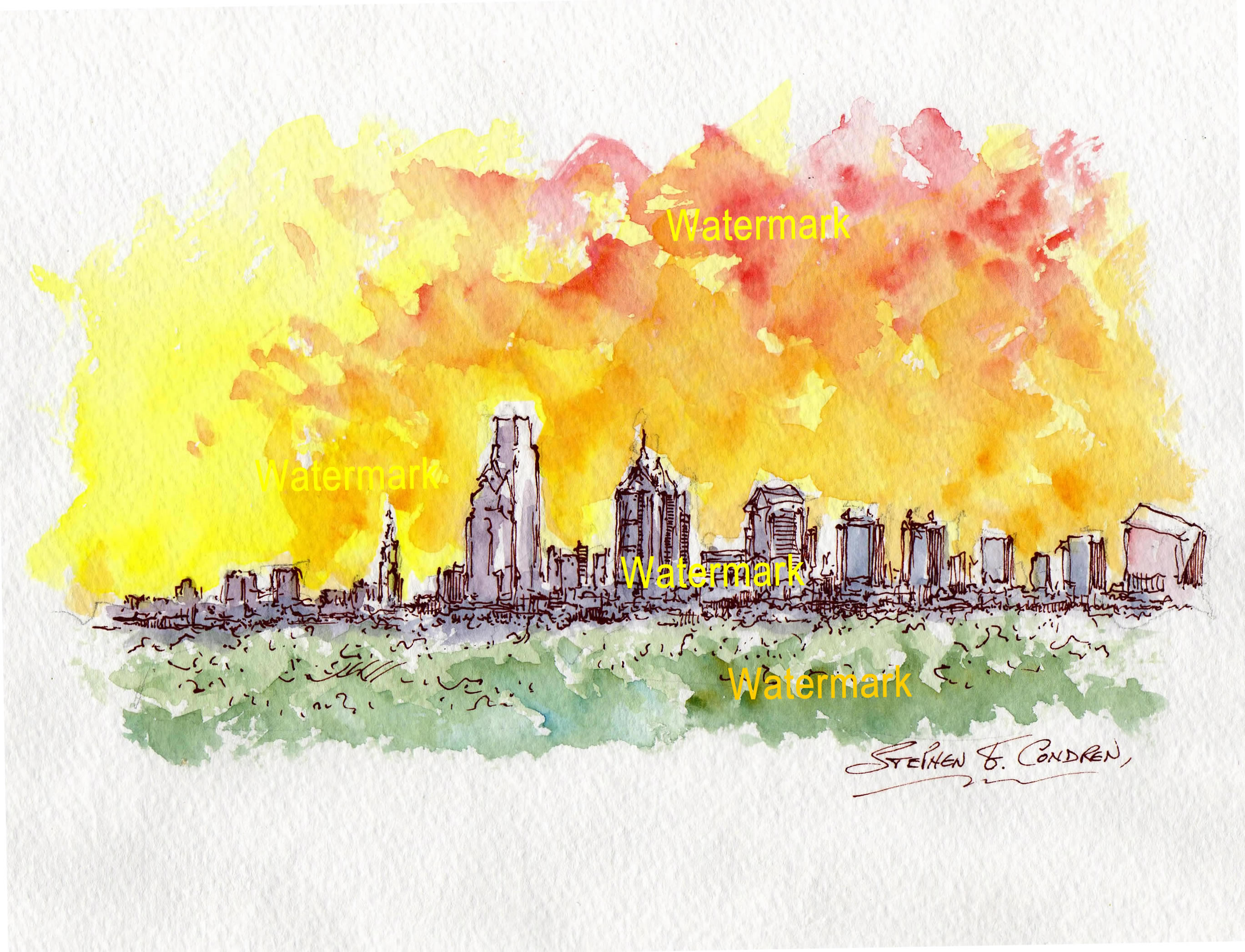 2738x2094 Philadelphia Sunset Watercolors And Prints Condren Galleries Ltd. - Philadelphia Skyline Watercolor