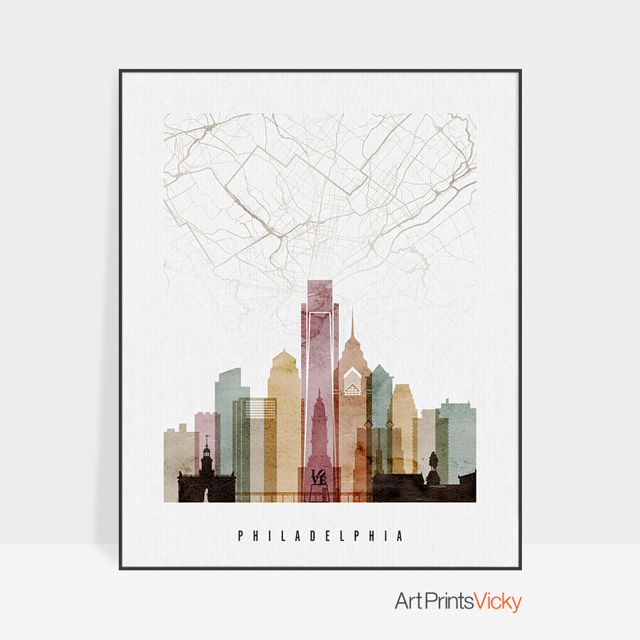 900x900 Philadelphia Map Print Poster Watercolor 1 Artprintsvicky - Philadelphia Skyline Watercolor