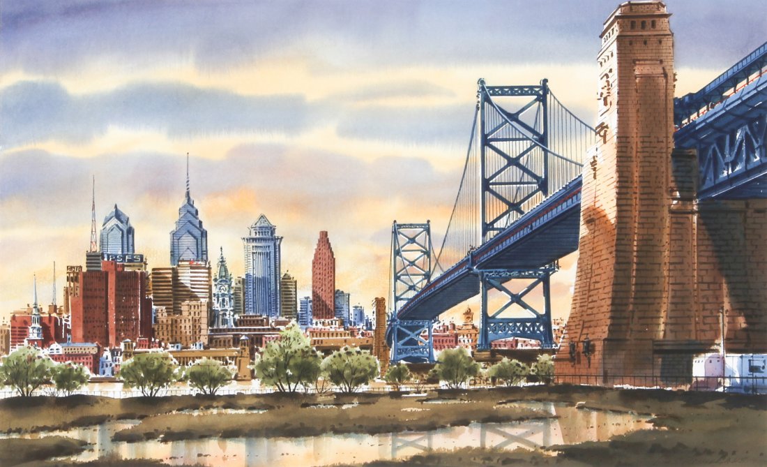 1100x669 Ressler, Watercolor, Philadelphia Skyline And Bridge - Philadelphia Skyline Watercolor