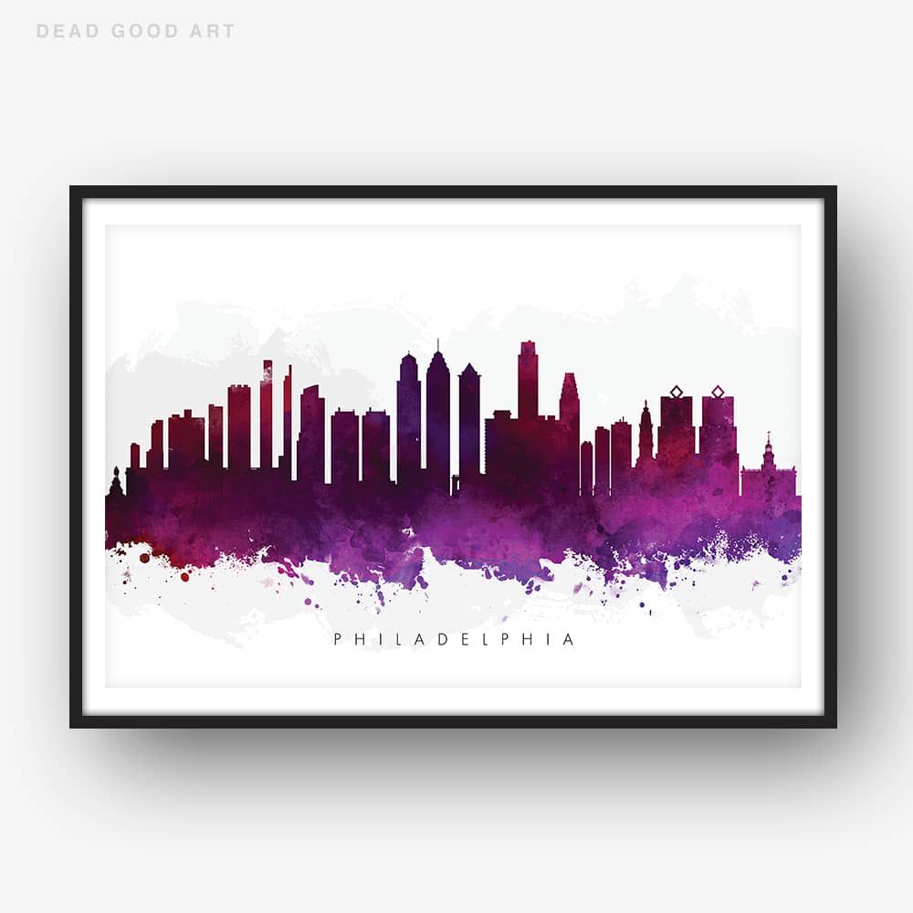 1000x1000 Philadelphia Skyline, Purple Watercolor Print Dead Good Art - Philadelphia Skyline Watercolor