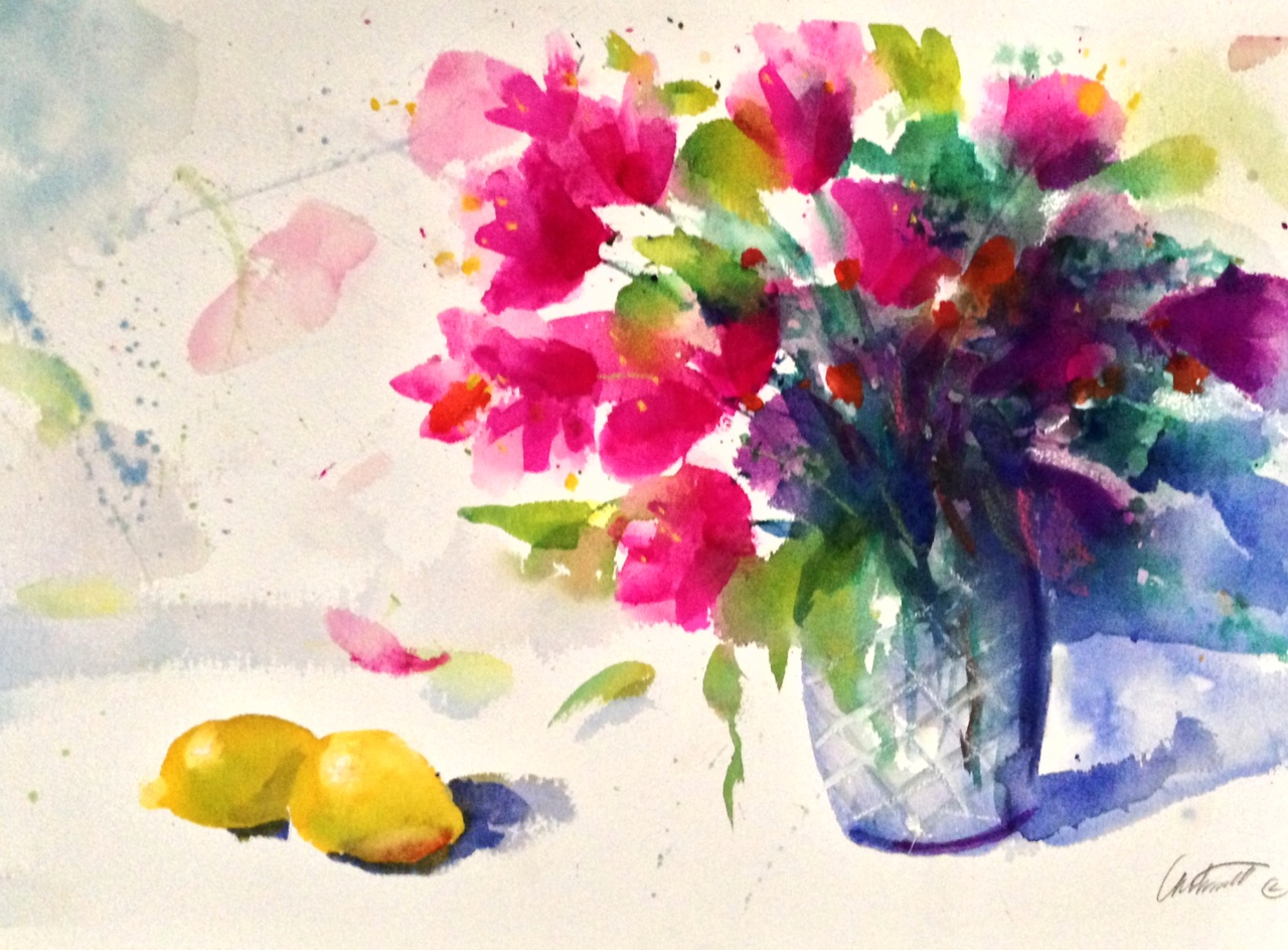 1280x944 Watercolor Painting Still Life Watercolor Lemon Flowers - Photo To Watercolor