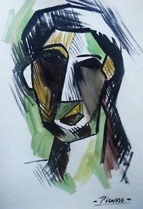206x300 Unique Watercolor And Tempera Painting, Cubist Bust, Signed Pablo - Picasso Watercolor