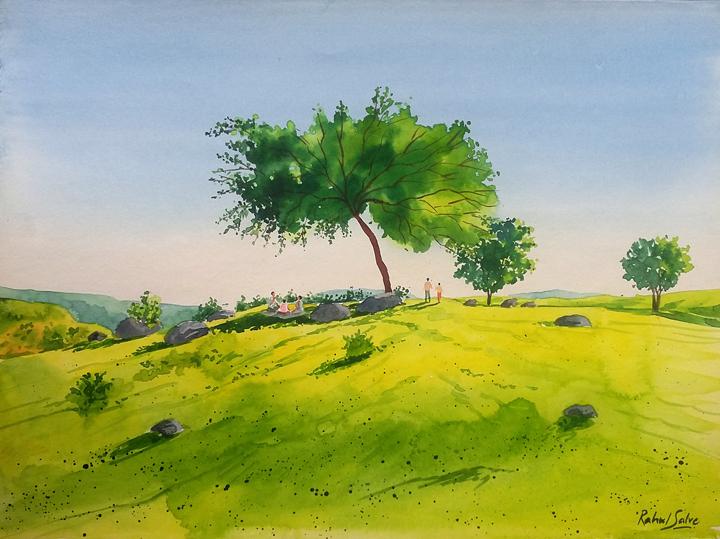 720x539 Picnic By Artist Rahul Salve Landscape Art Watercolor Paintings - Picnic Watercolor