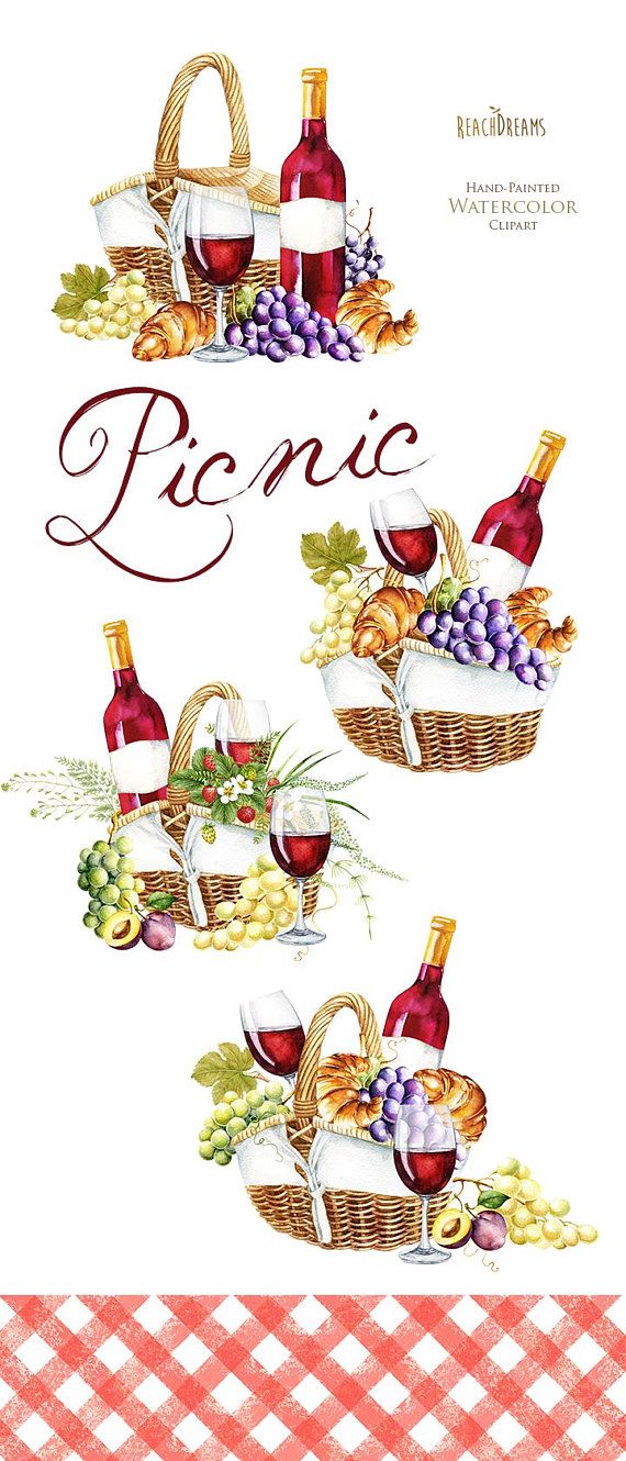 570x1330 Picnic Watercolor Clipart, Picnic Basket, Picnic Hamper, Wine - Picnic Watercolor