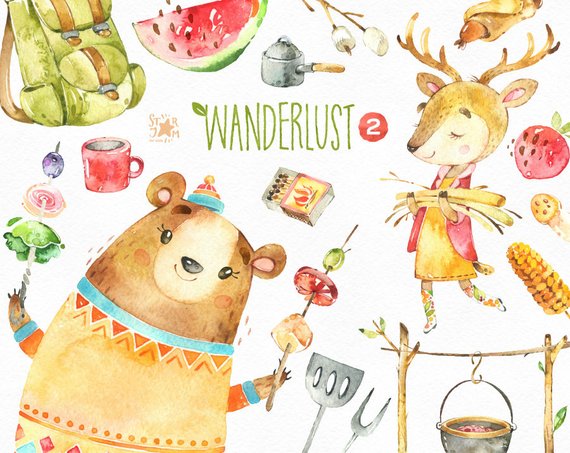 570x453 Wanderlust 2. Picnic. Watercolor Animals Clipart Bear Food Etsy - Picnic Watercolor