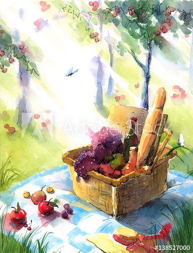 383x500 Watercolor Picnic Basket Food Wine Nature Recreation Vacation - Picnic Watercolor