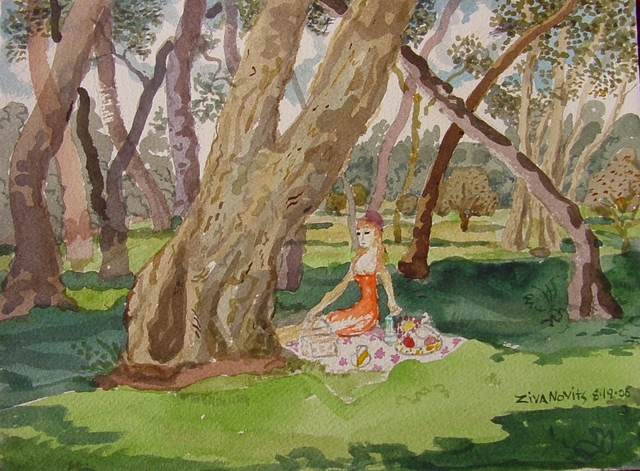 640x471 Dana Zivanovits Artwork Picnic Original Watercolor Landscape Art - Picnic Watercolor