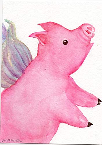 352x500 Original Flying Pig Watercolor Painting, Pink Flying - Pig Watercolor