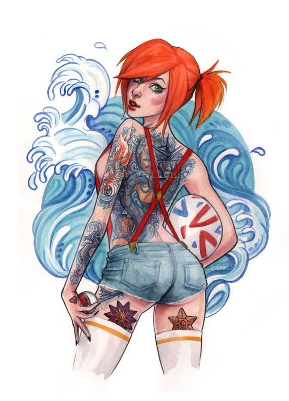 570x790 Pokemon Misty Inspired Tattooed Pin Up Girl Watercolor Art Etsy - Pin Up Watercolor