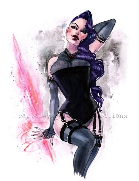 570x738 Psylocke Lingerie Pin Up Watercolor Inspired By Xmen Marvel Etsy - Pin Up Watercolor
