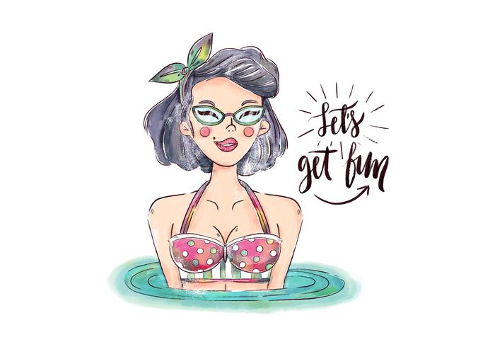 700x490 Watercolor Pin Up Character With Swimwear And Sunglasses With - Pin Up Watercolor