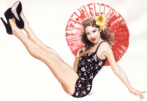 500x343 Umbrella Pinup Watercolor...more - Pin Up Watercolor