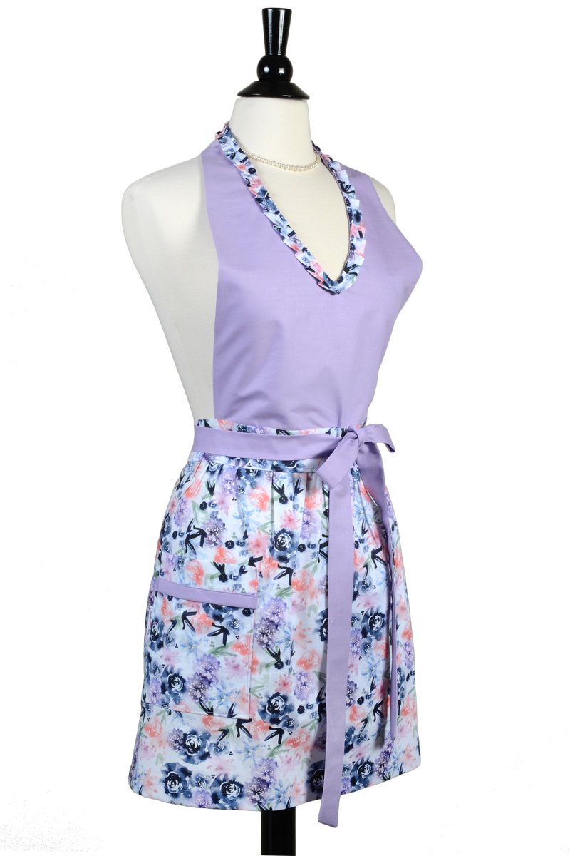 800x1200 Creative Chics Cute Indigo Blue Watercolor Floral V Neck Halter Apron - Pink And Blue Watercolor