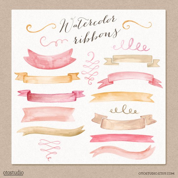 570x570 Watercolor Cliparts Ribbons And Swashes Pink Gold Digital Etsy - Pink And Gold Watercolor