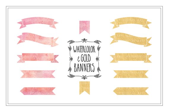 570x379 Banner Clip Art Watercolor Amp Gold Foil Png Banners Pink And Etsy - Pink And Gold Watercolor