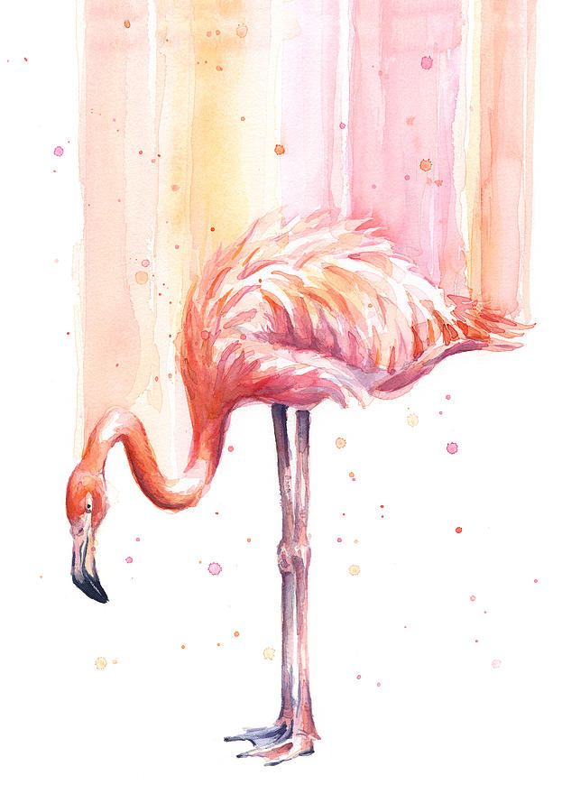 623x900 Pink Flamingo Watercolor Rain Painting By Olga Shvartsur - Pink Flamingo Watercolor