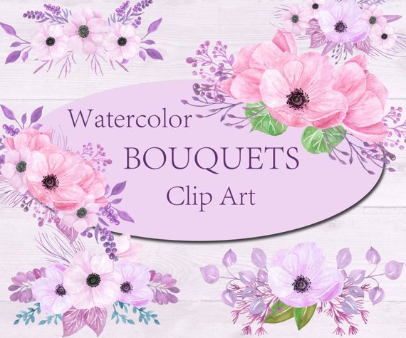 570x475 Watercolor Floral Bouquets Clipart Pink Flowers Bouquet Etsy - Pink Flower Watercolor
