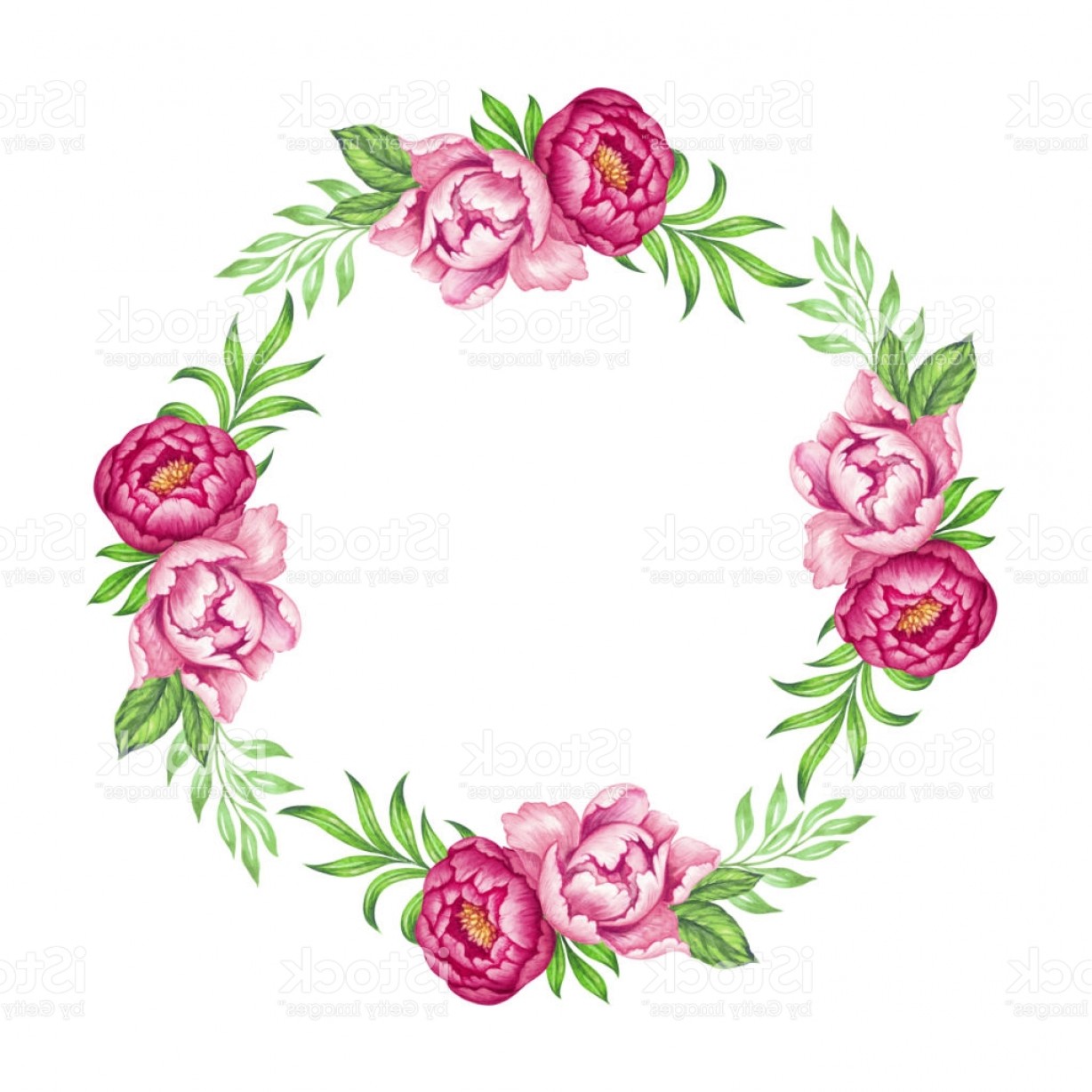 1228x1228 Fresh Pink Peony Round Wreath Rose And Green Leaves Watercolor - Pink Flower Watercolor