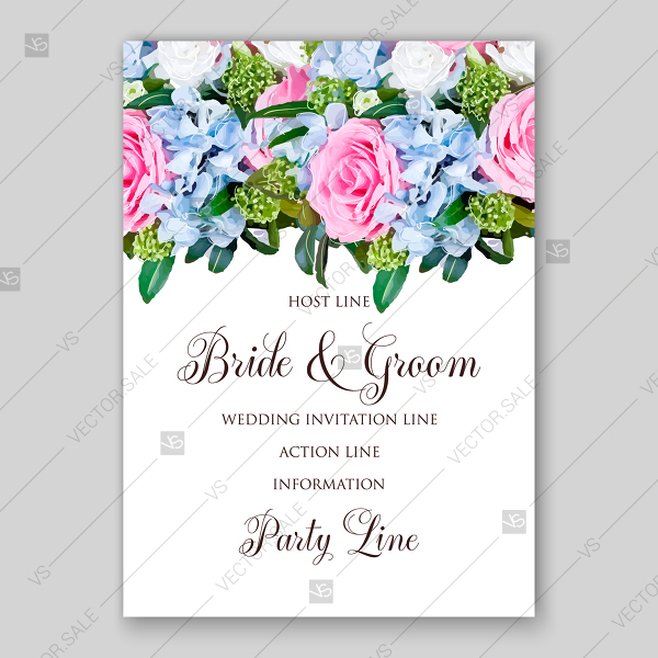 600x600 Pink Rose Watercolor Blue Hydrangea Wedding Invitation Vector Card - Pink Rose Watercolor