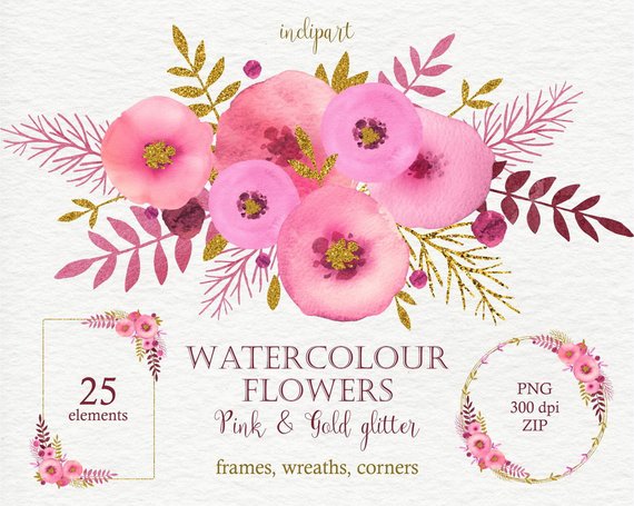 570x455 Pink Watercolor Flower Clipart. Floral Wreath Corner Frames Etsy - Pink Watercolor